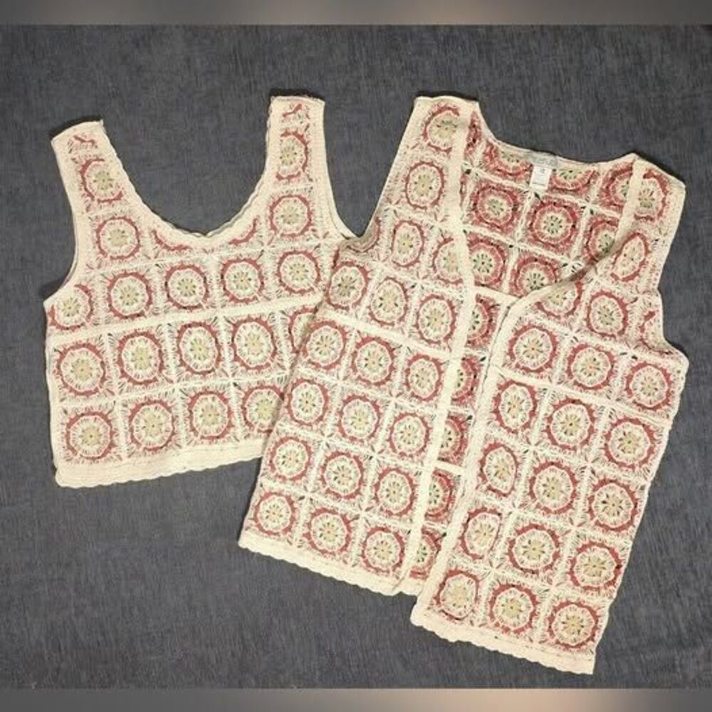 Rachel Zoe Crochet Tank and Vest Set in Cream and Coral Boho Hippie Fall